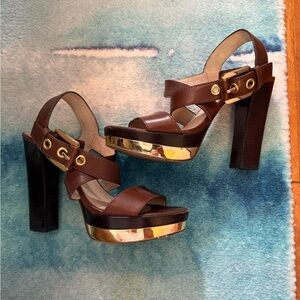 Michael Kors Chocolate and Gold Platform Heels